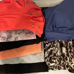 Set of size 12/LG ladies 2 bathing suits, 2 leggings, 2 capris, 1 jean, 1 shirt